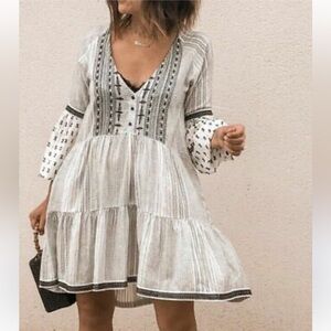 Zara Black and White Pleated Tiered V-Neck Dress
